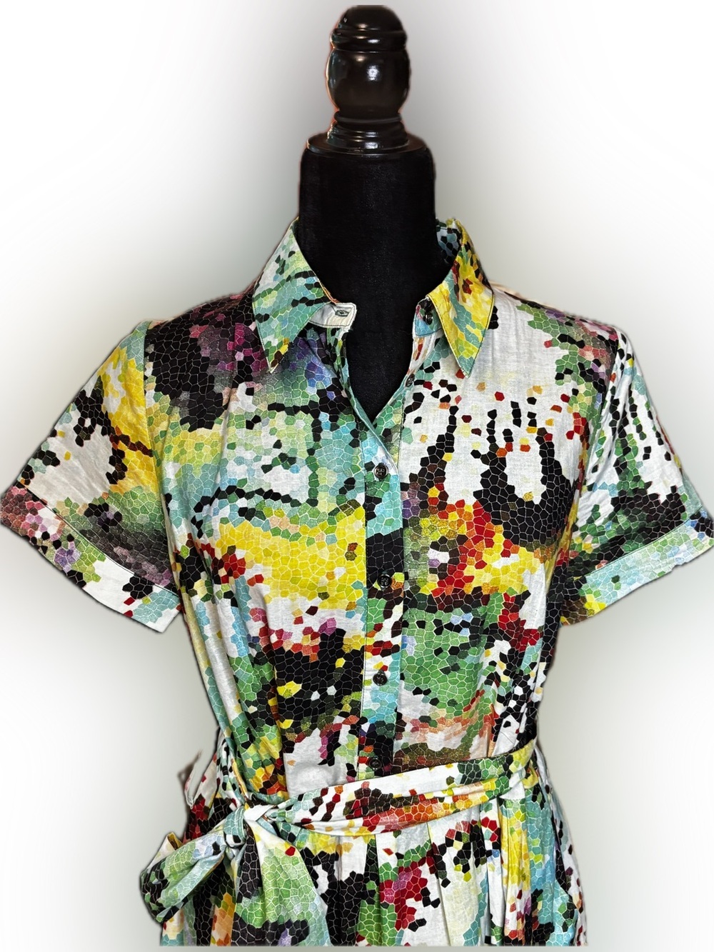 Katherine Barclay Mosaic Floral Cotton Shirt Dress with Belt Sz 6 - Picture 4 of 7